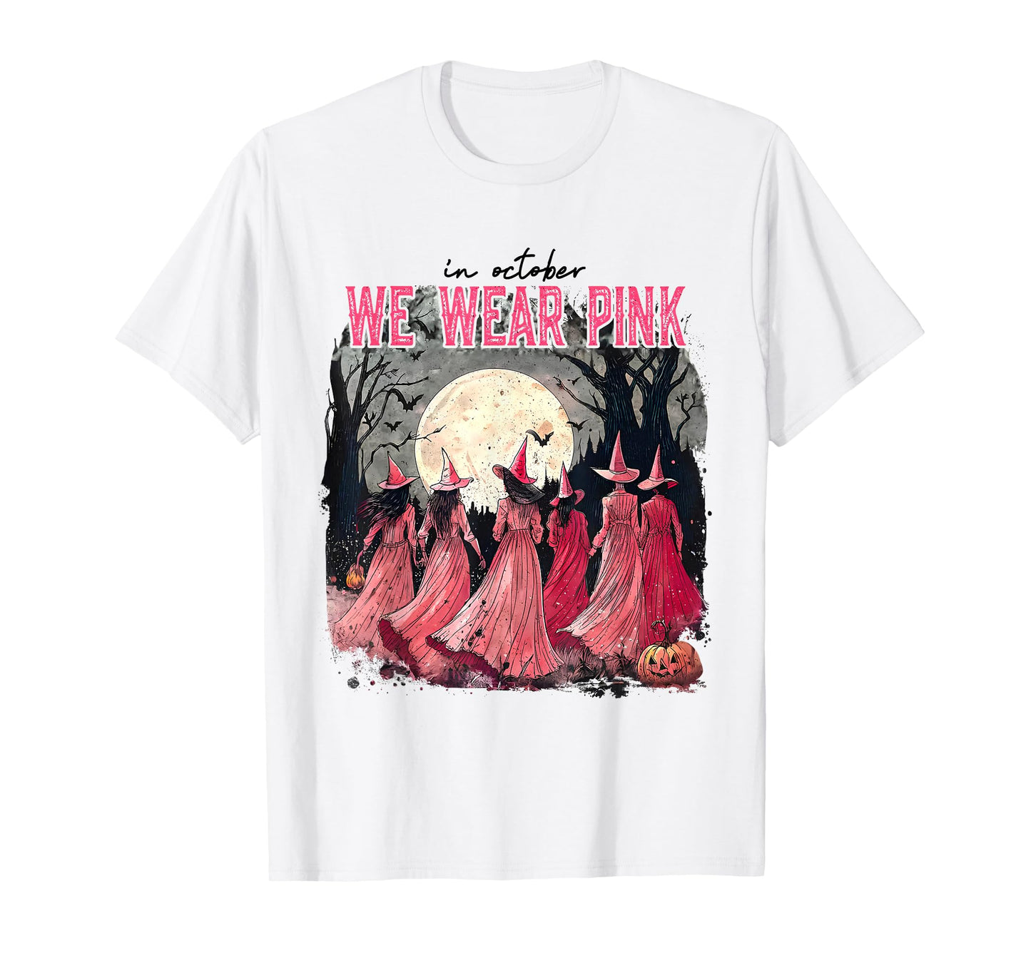 in October We Wear Pink Halloween Salem Witch Breast Cancer T-Shirt