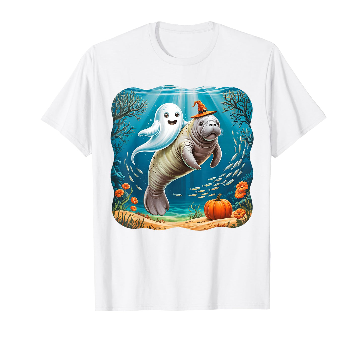Funny Ghost Manatee Witch Hat Pumpkin Halloween Costume T-Shirt
