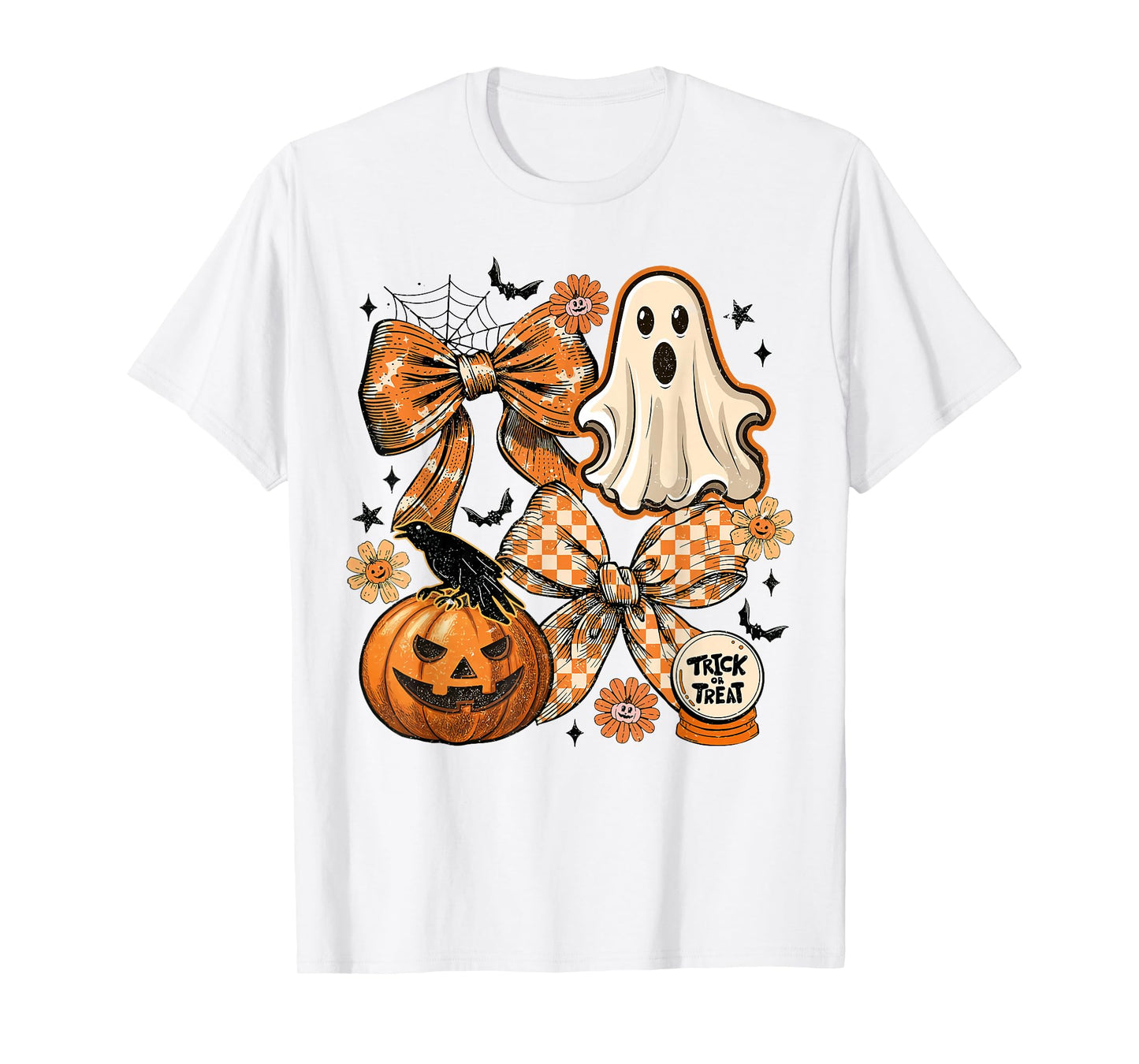 Vintage Halloween Ghost Coquette Bow Checkered Floral T-Shirt