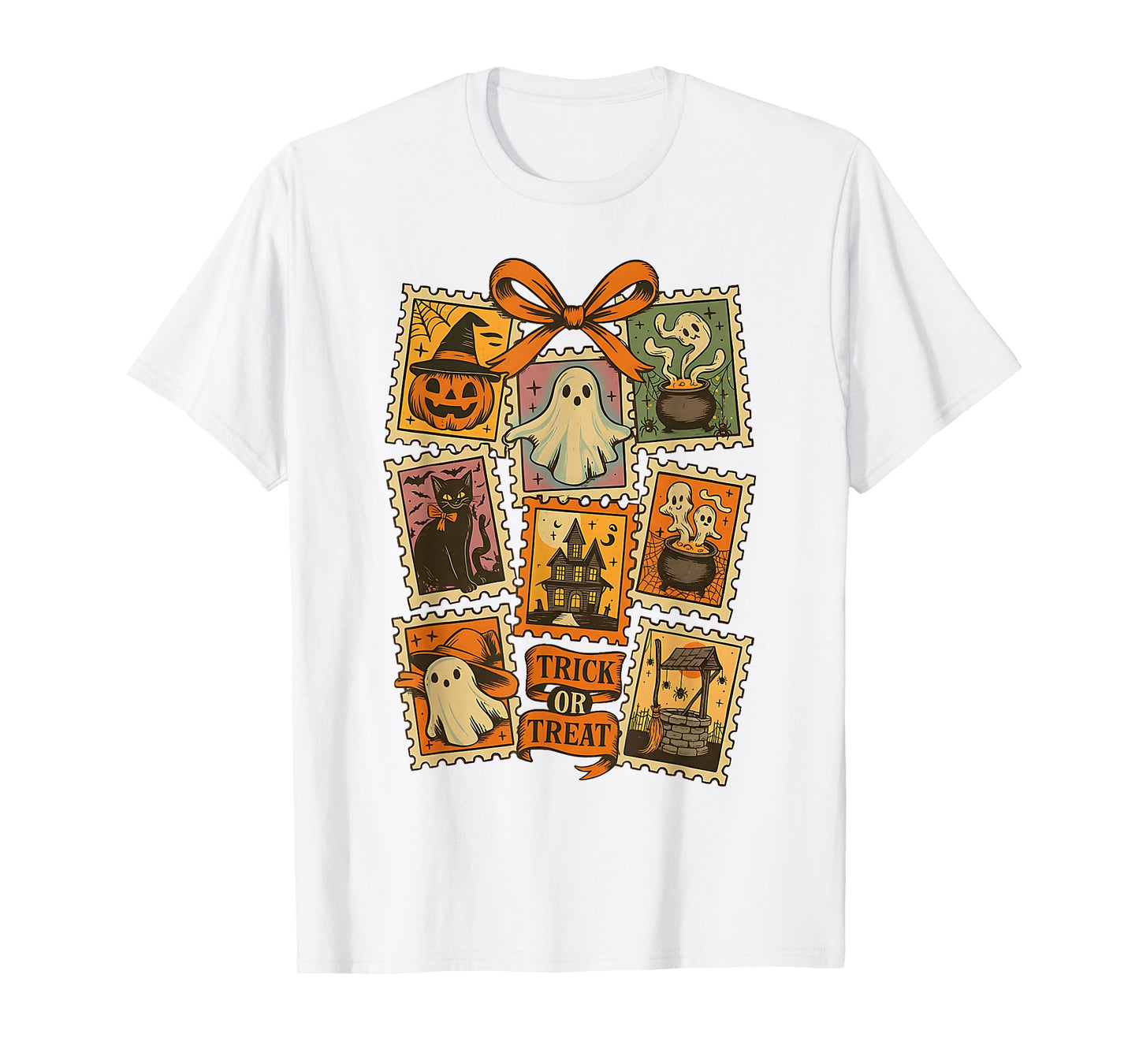 Halloween Stamp Spooky Ghost Boo Pumpkin Coquette Bow Retro T-Shirt