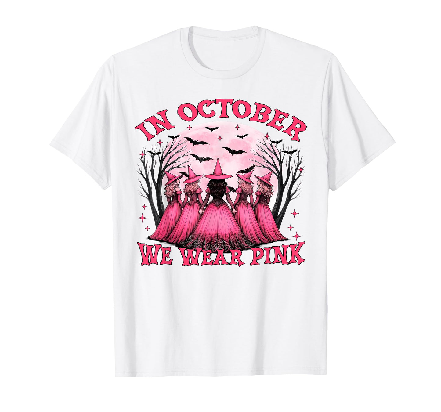 in October We Wear Pink Witch Halloween Breast Cancer Women T-Shirt