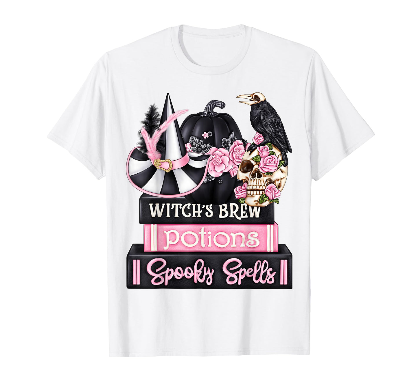 Happy Halloween Pink October Witch Book Pumpkin Fall Women T-Shirt