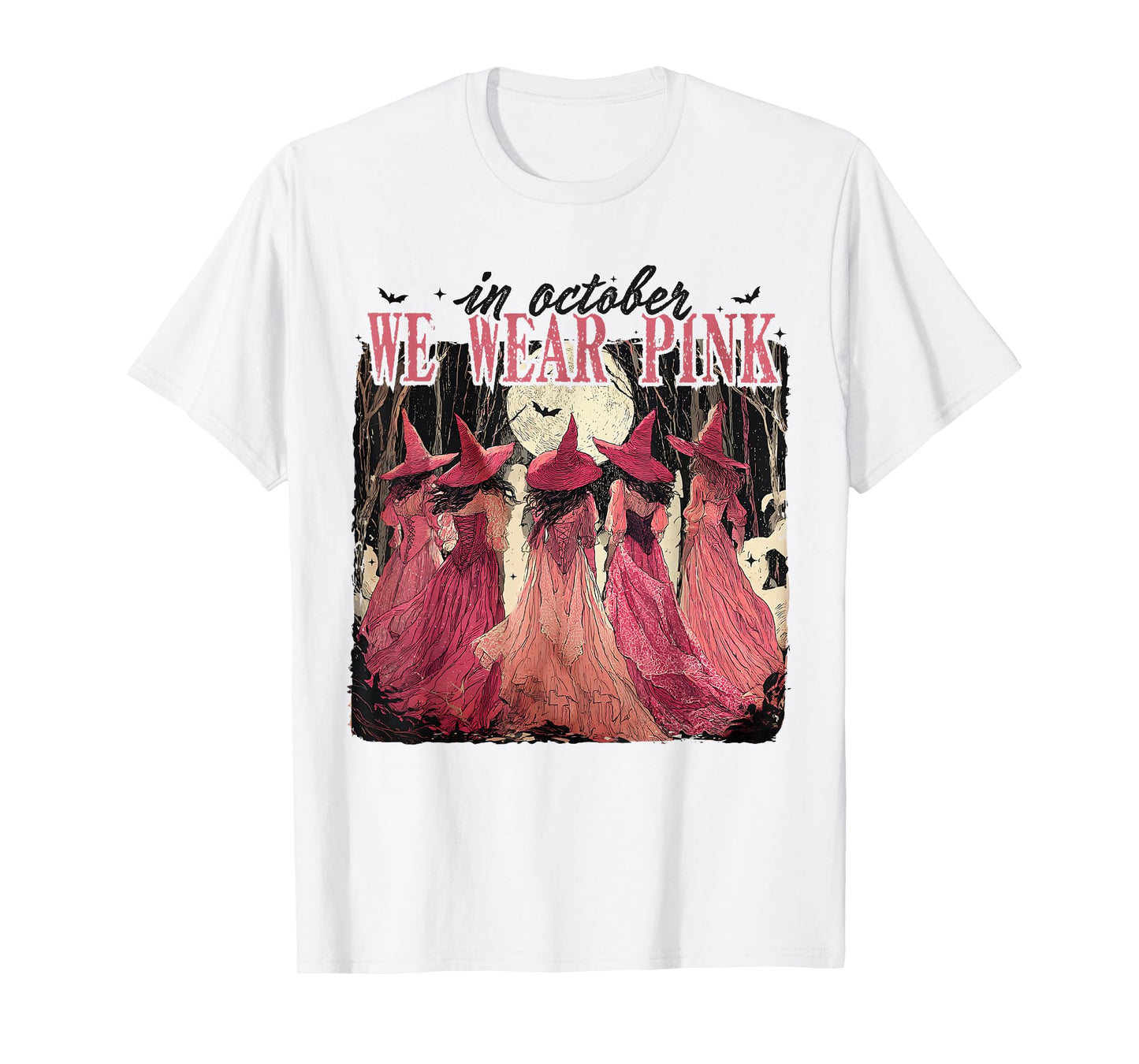 in October We Wear Pink Witches Halloween Breast Cancer T-Shirt