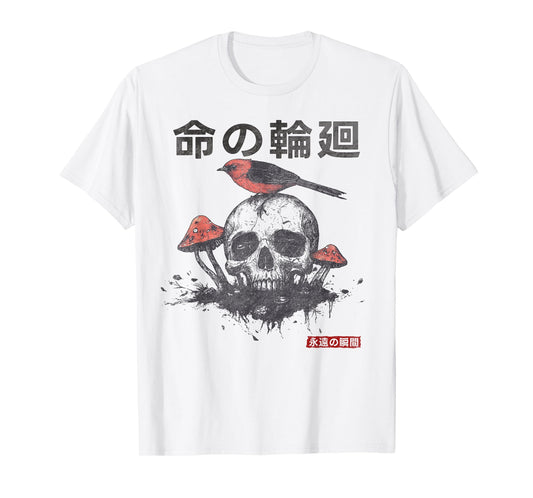 Japanese Retro Graphic Gothic Mushroom Skull Manga Horror T-Shirt