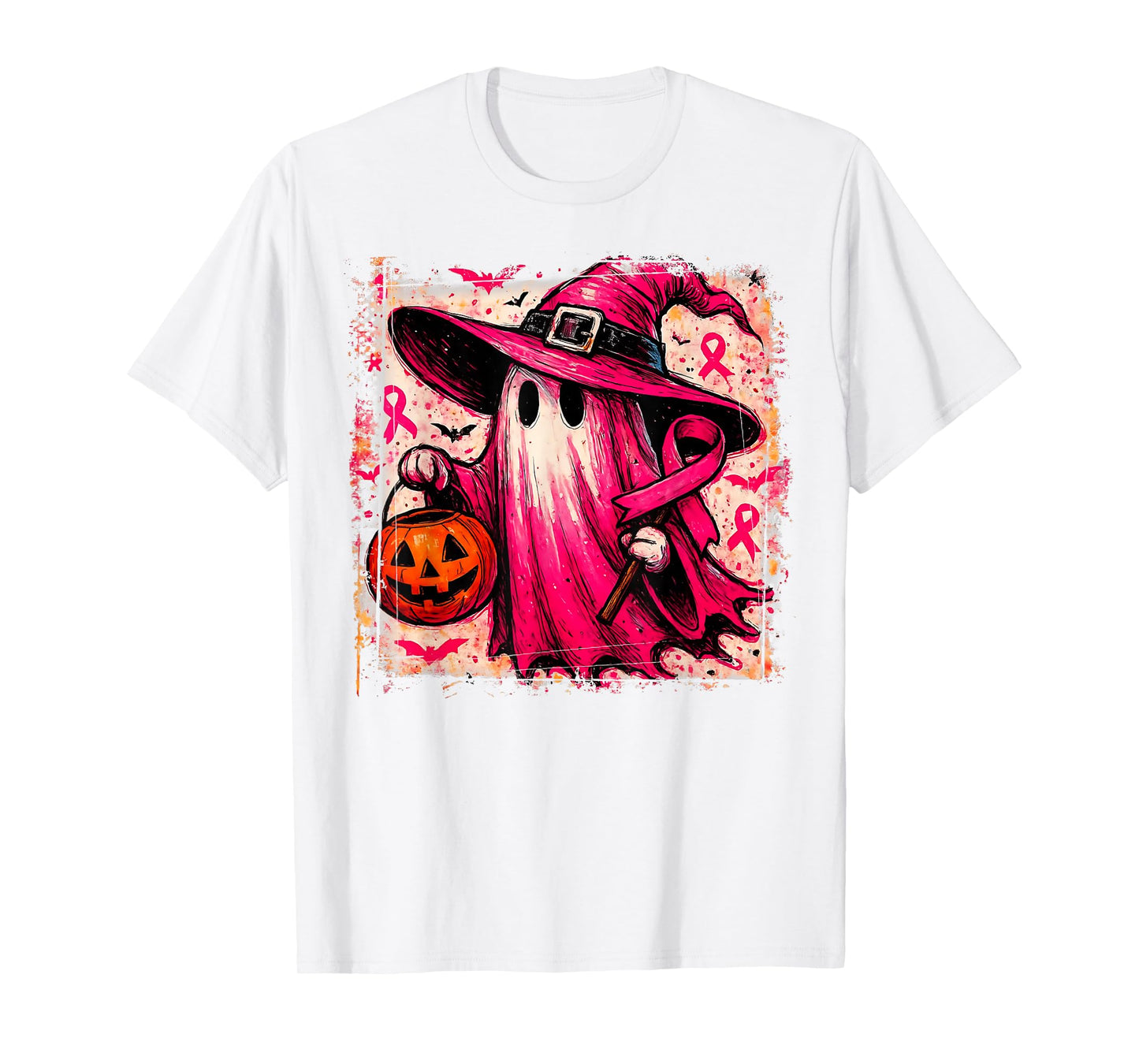 in October We Wear Pink Ghost Witch Breast Cancer Awareness T-Shirt