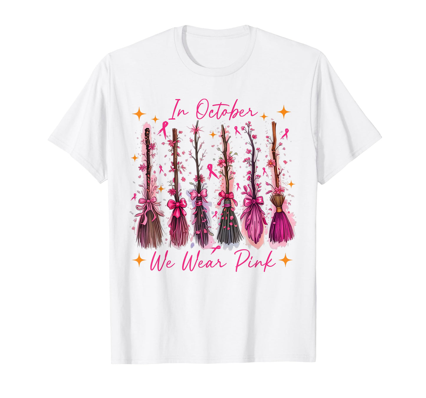 Breast Cancer Halloween in October We Wear Pink Witch Broom T-Shirt