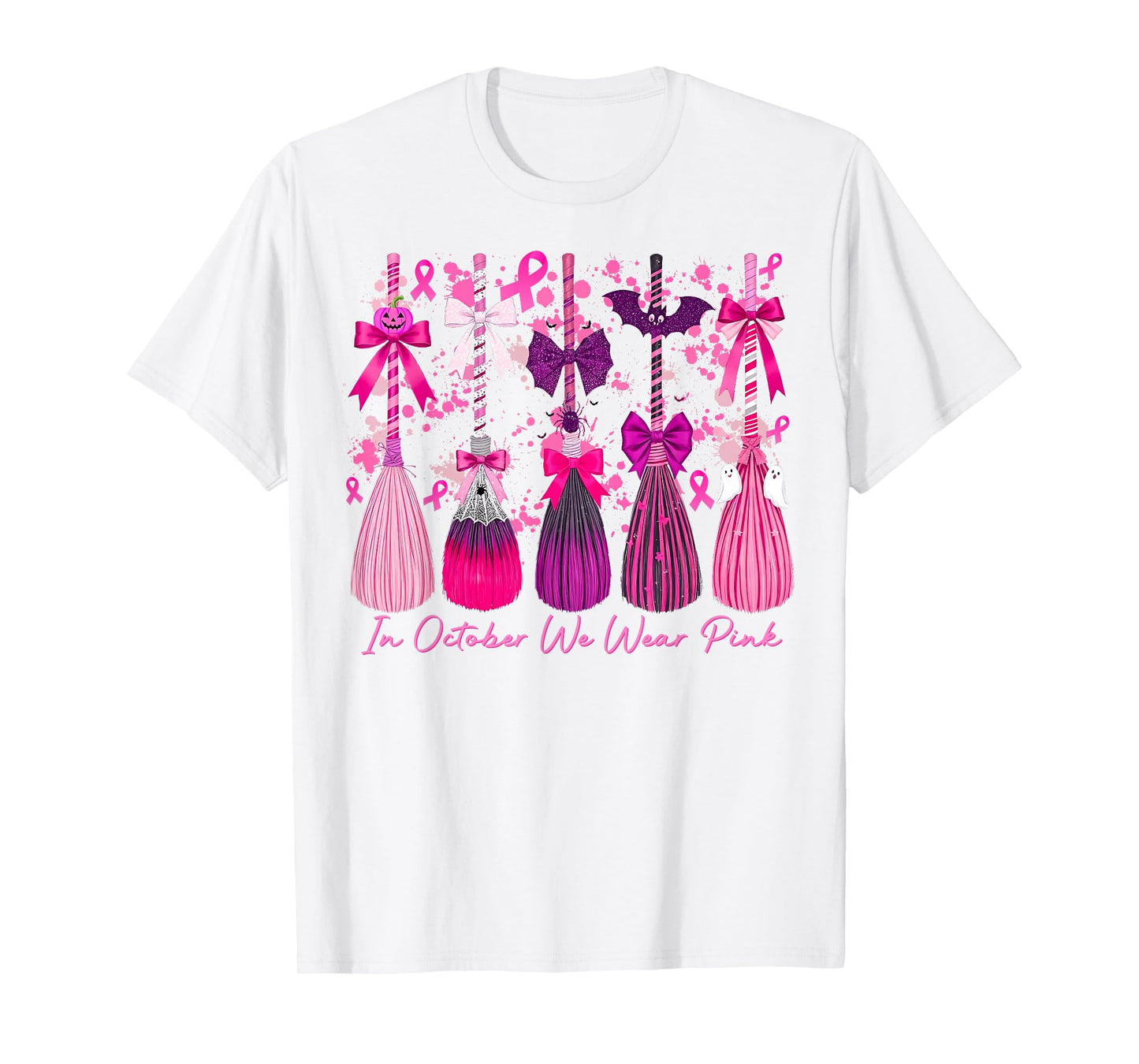 in October We Wear Pink Witch Broom Breast Cancer Halloween T-Shirt
