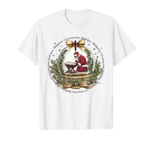 Every Knee Shall Bow Funny Kneeling Santa Baby Jesus T-Shirt