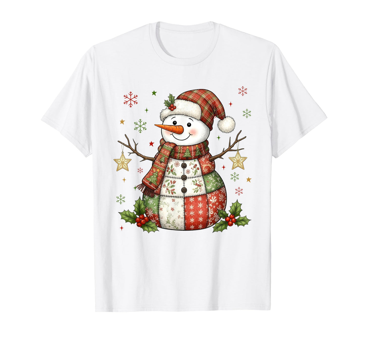 Cute Patchwork Snowman Merry Christmas Xmas Holiday Pajamas T-Shirt