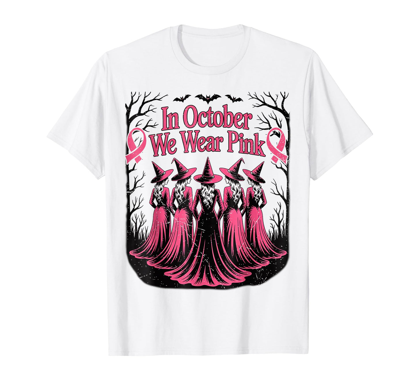 in October We Wear Pink Ghost Witch Breast Cancer Awareness T-Shirt