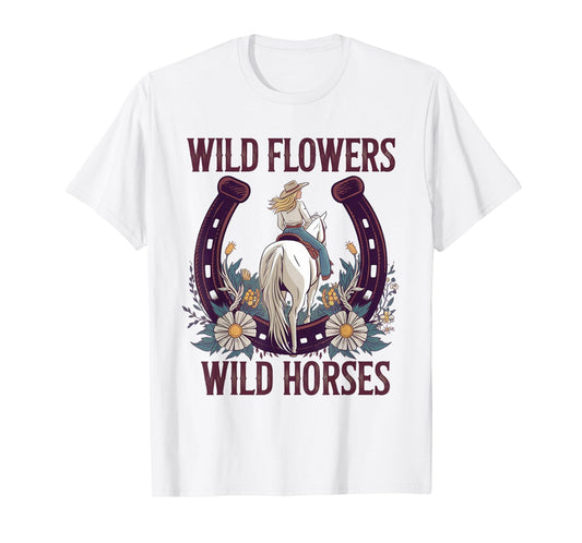 Retro Southern Sunset Cowgirl Wild Flowers - Wild Horses T-Shirt