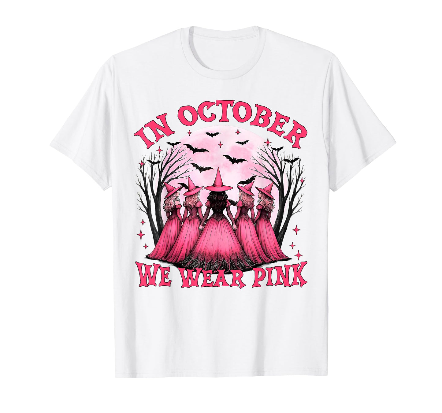 in October We Wear Pink Ribbon Breast Cancer Witch Halloween T-Shirt