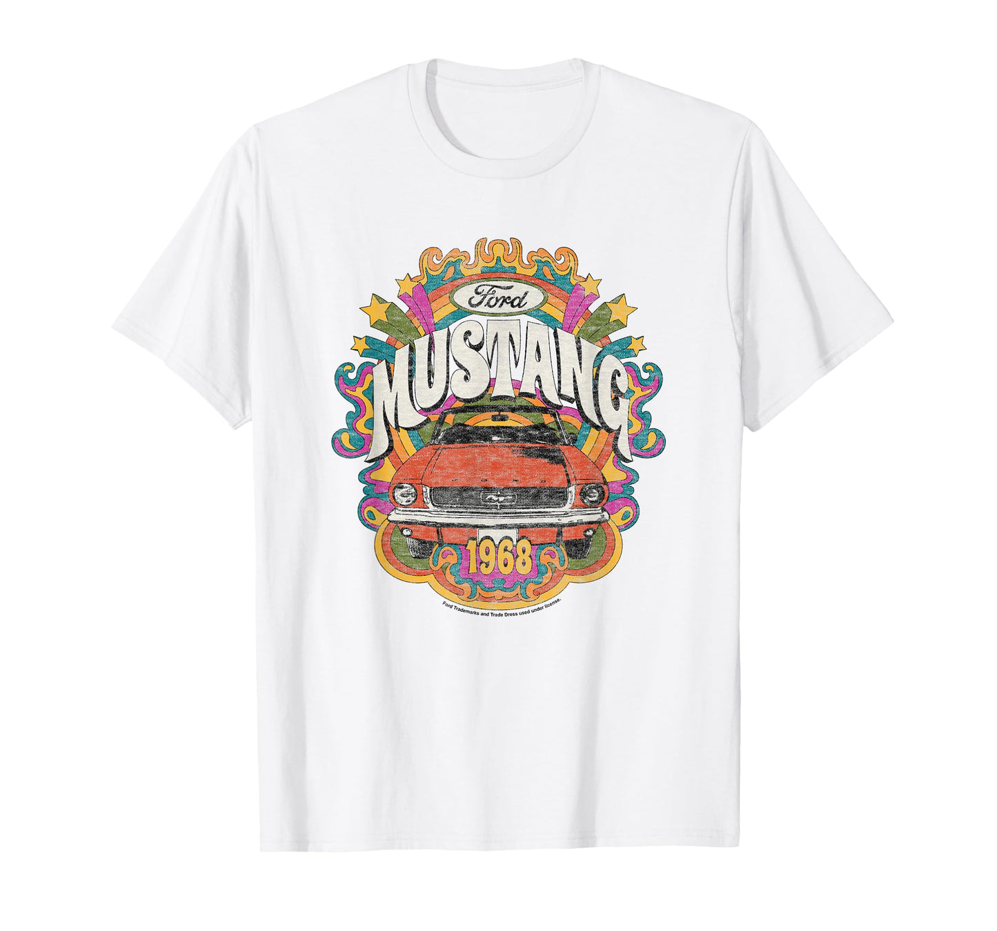 Ford - Vintage Red Mustang 1968 Rainbow Background Stars T-Shirt