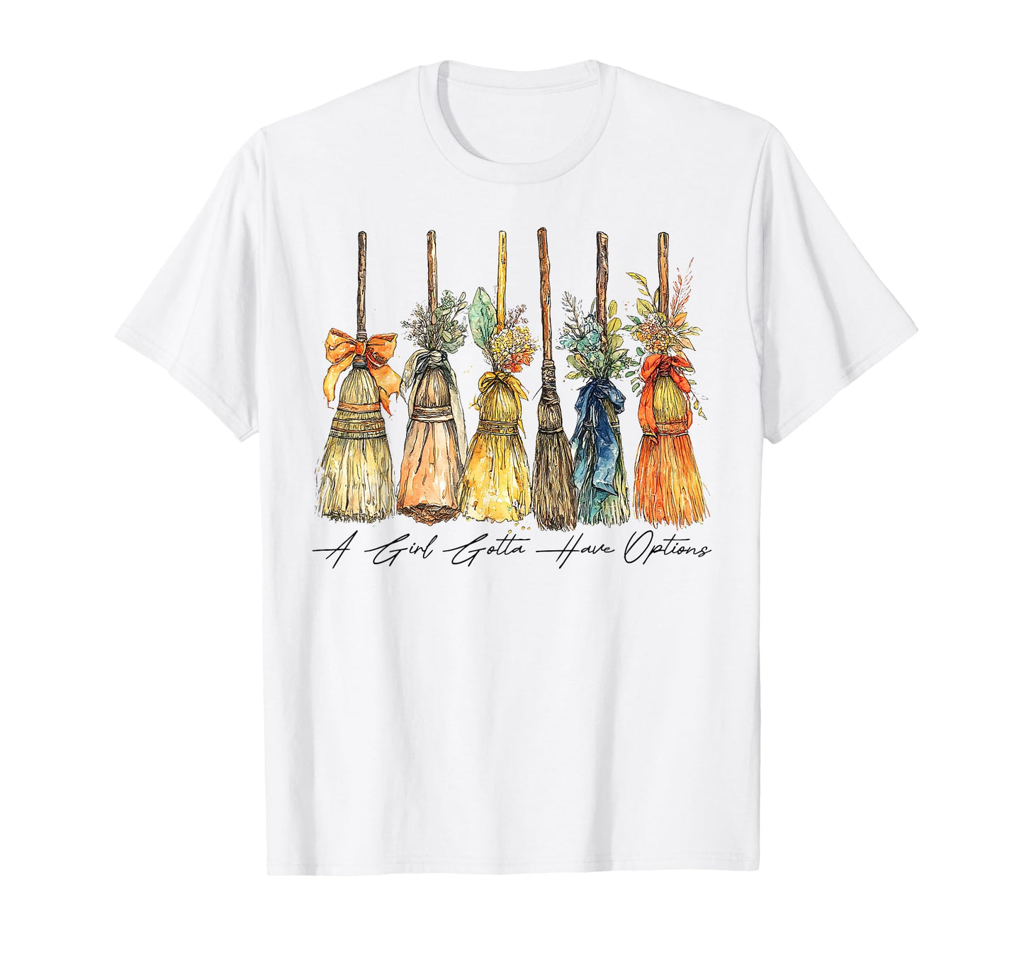 A Girl Gotta Have Options Halloween Witches Bow Floral Broom T-Shirt