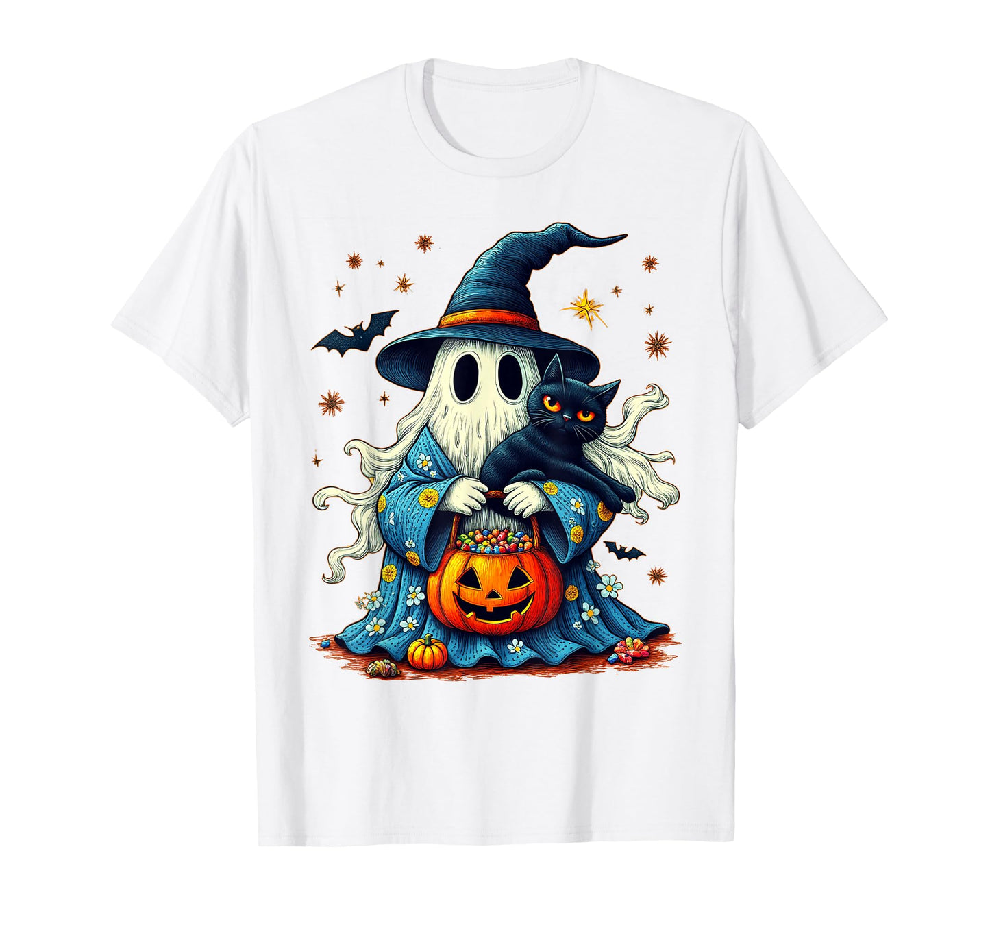 Vintage Halloween 2025 Ghost Holding Black Cat Groovy Floral T-Shirt