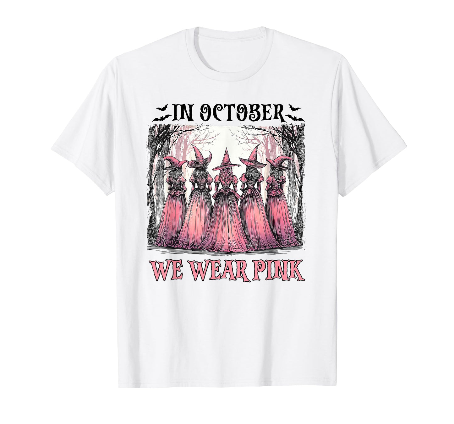 Witch in October We Wear Pink Breast Cancer Women Halloween T-Shirt