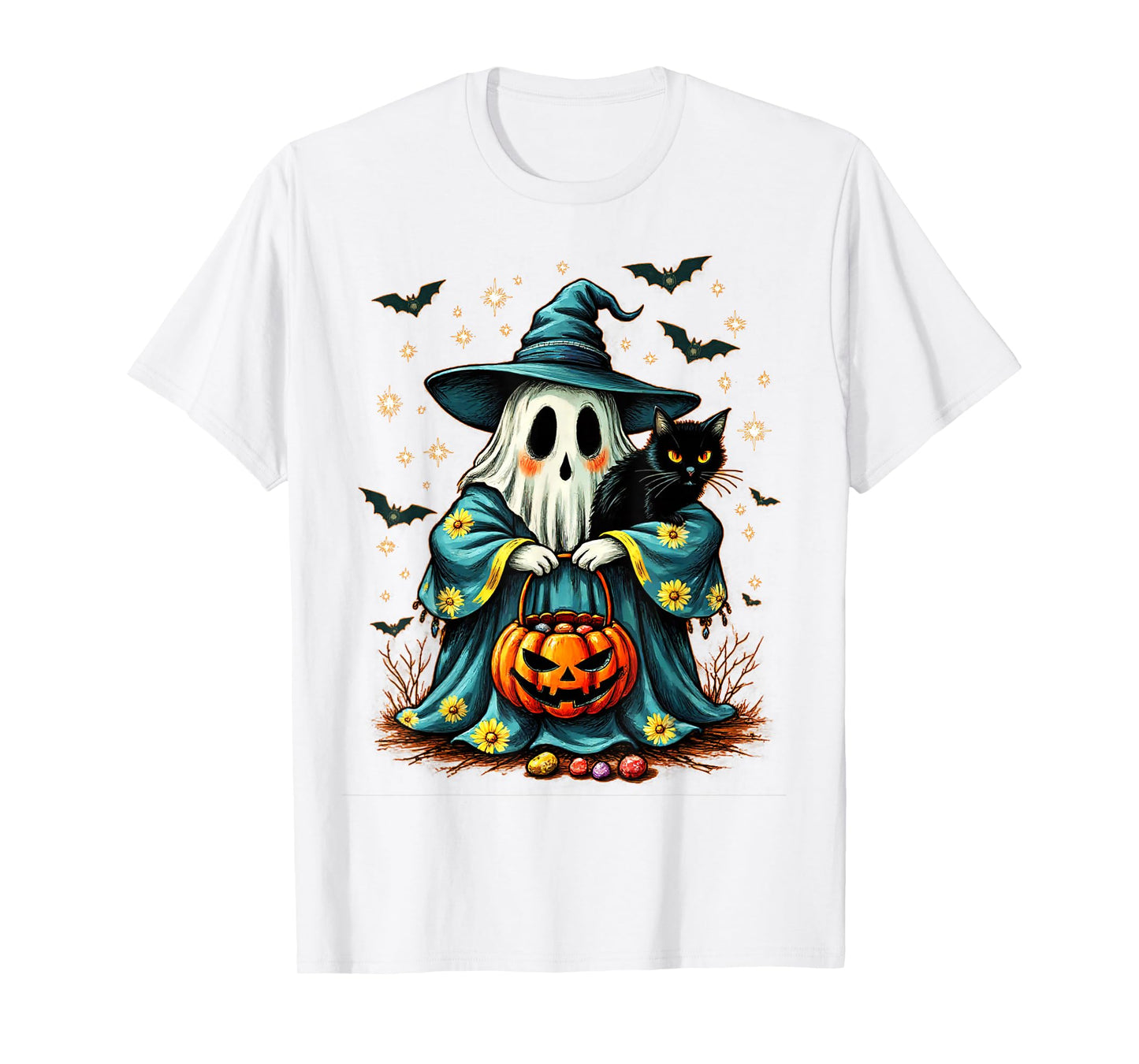 Halloween 2025 Ghost Holding Black Cat Groovy Floral Vintage T-Shirt