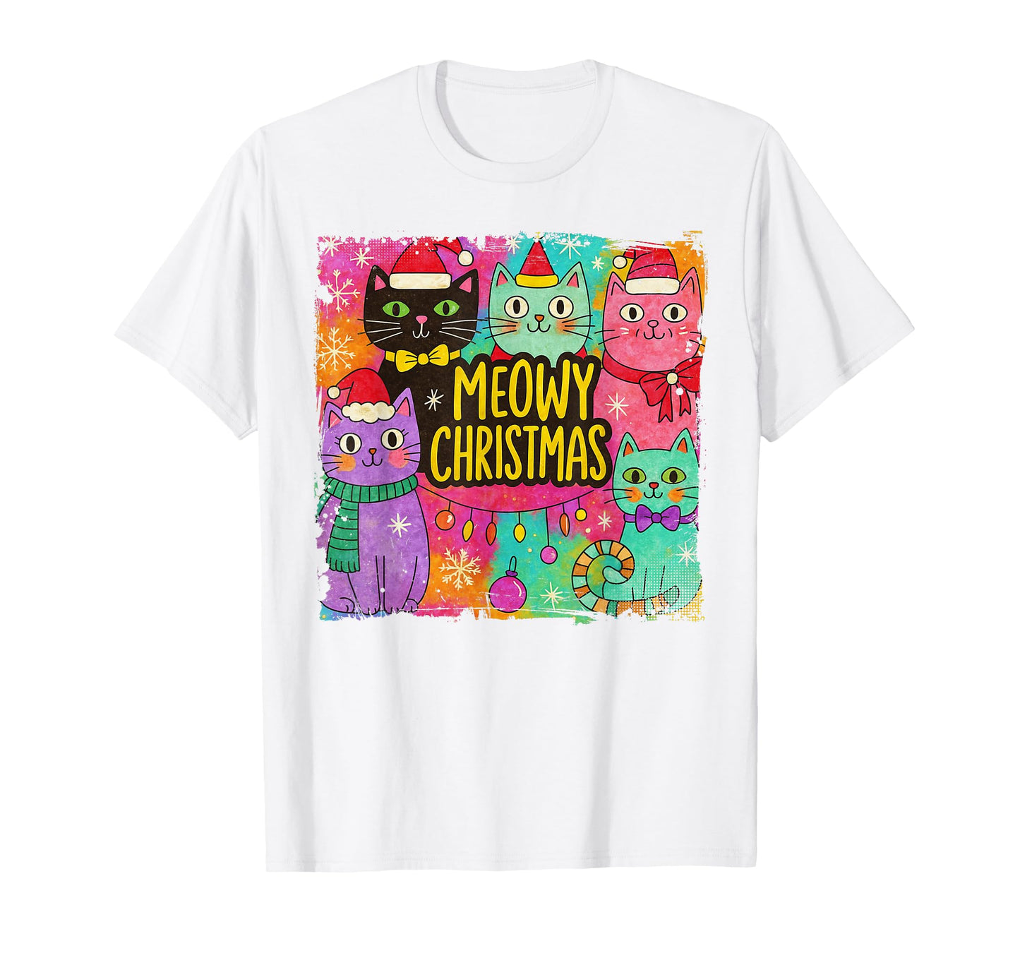 Preppy Meowy Christmas Cat with Santa Hat Kittens Xmas Tree T-Shirt