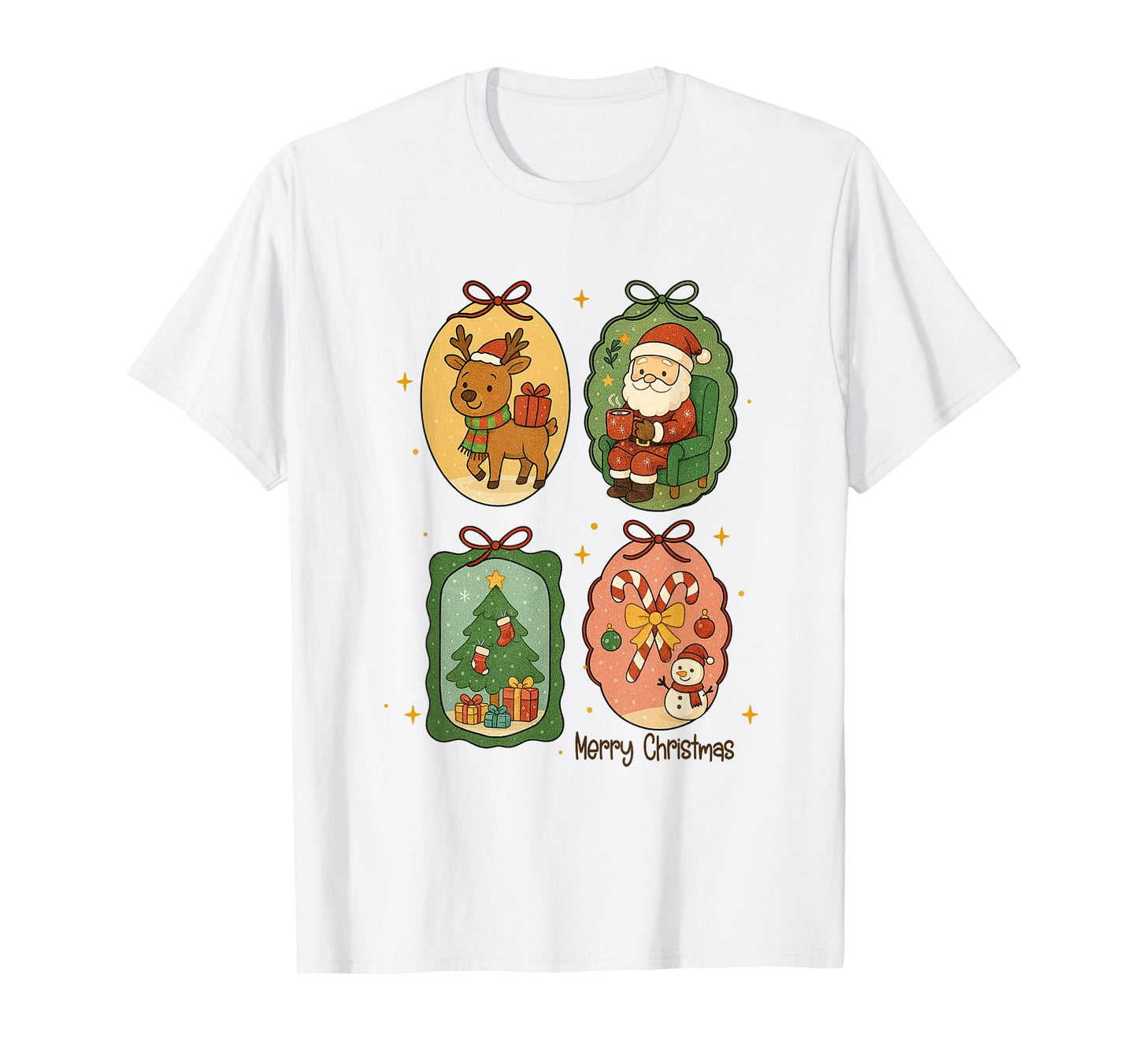 Retro Merry Christmas Frame Santa Reindeer Xmas Tree Candy T-Shirt