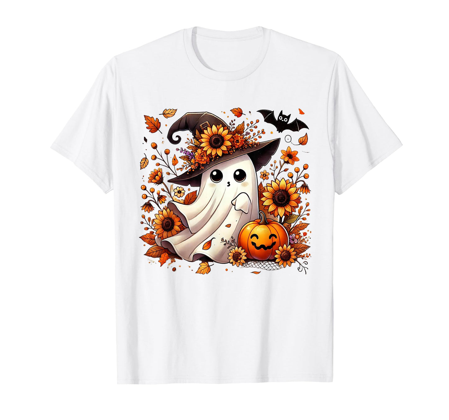 Cute Ghost with Sunflowers and Pumpkin Halloween T-Shirt