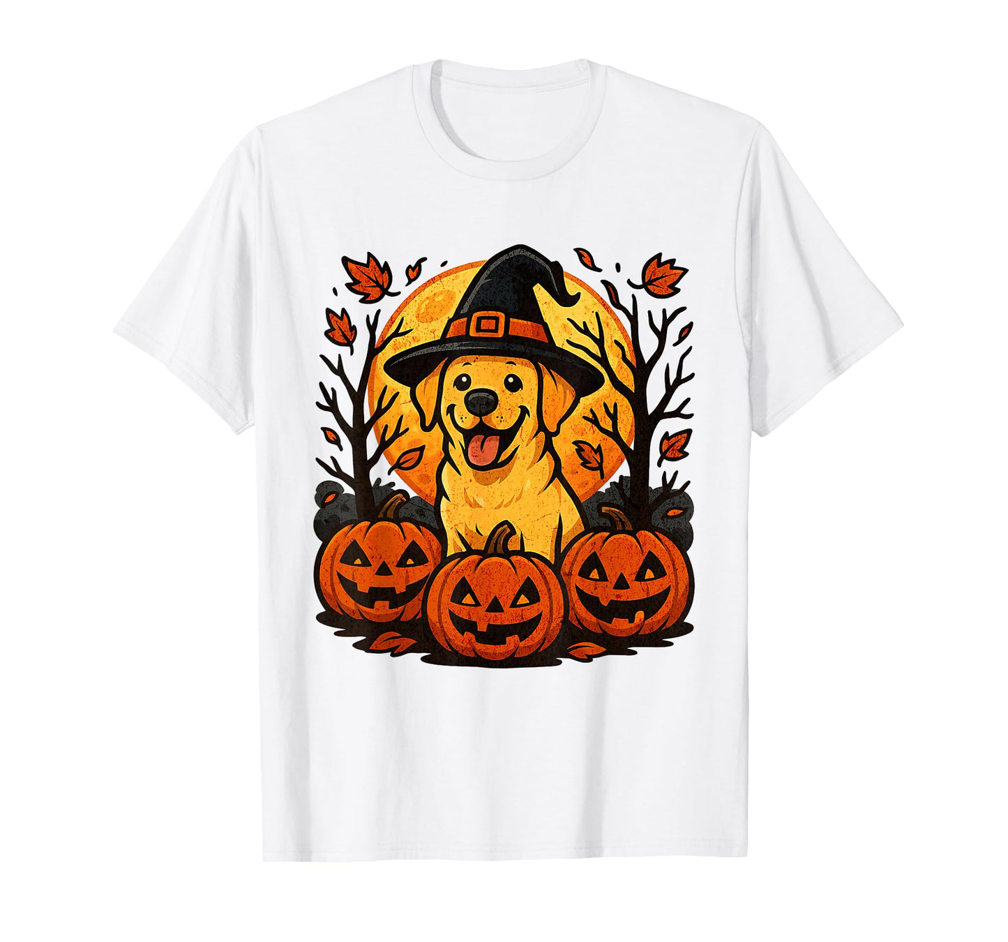 Halloween Labrador Retriever Witch Pumpkins Autumn Leaves T-Shirt
