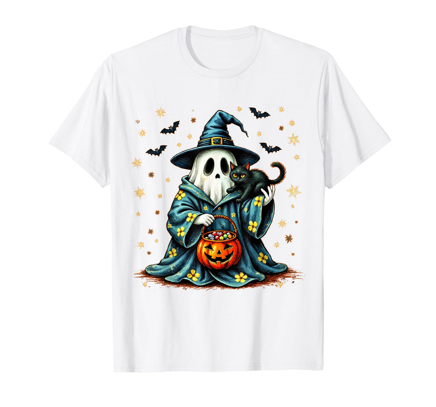 Halloween 2025 Ghost Holding Black Cat Groovy Floral Vintage T-Shirt