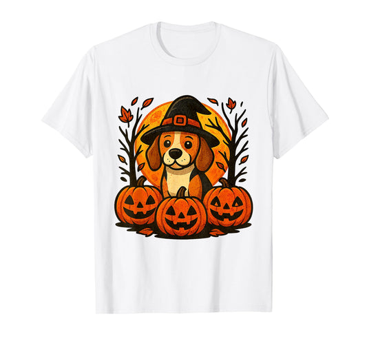 Halloween Cute Beagle Witch Hat Pumpkins Autumn Leaves T-Shirt