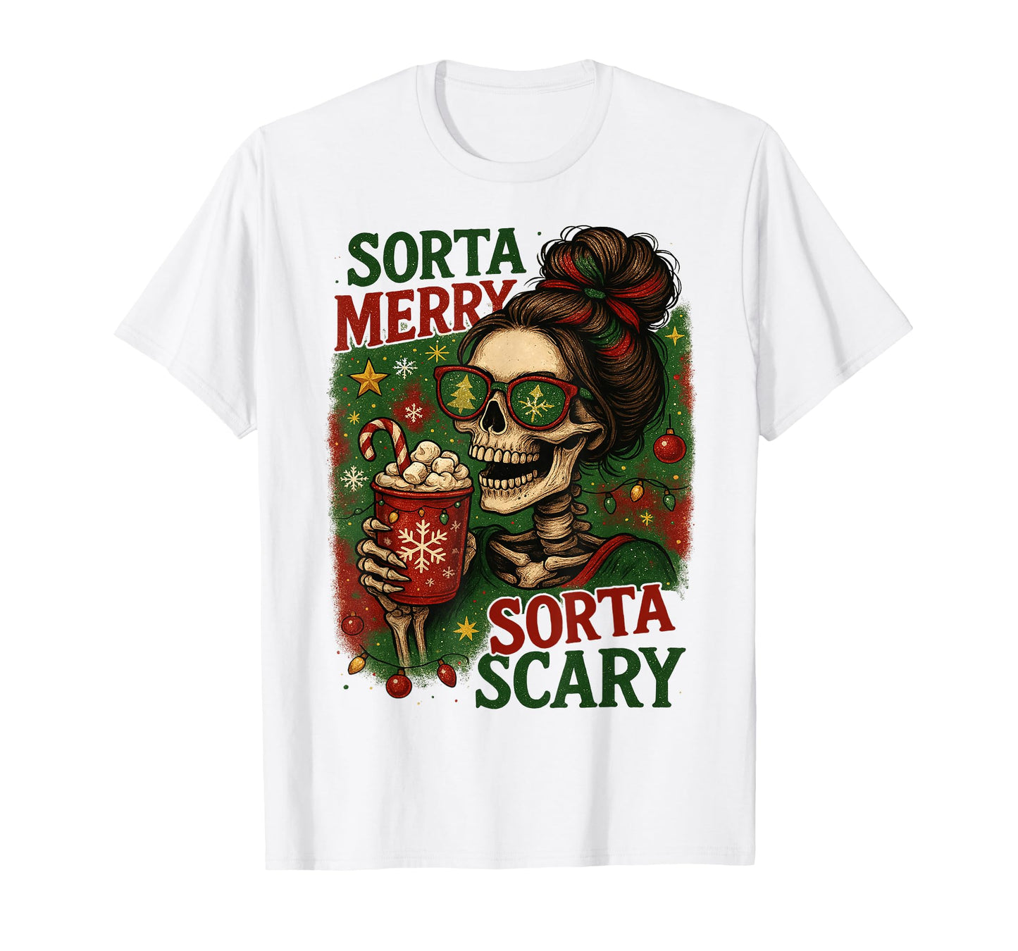 Women Sorta Merry Sorta Scary Skeleton Hot Cocoa Christmas T-Shirt
