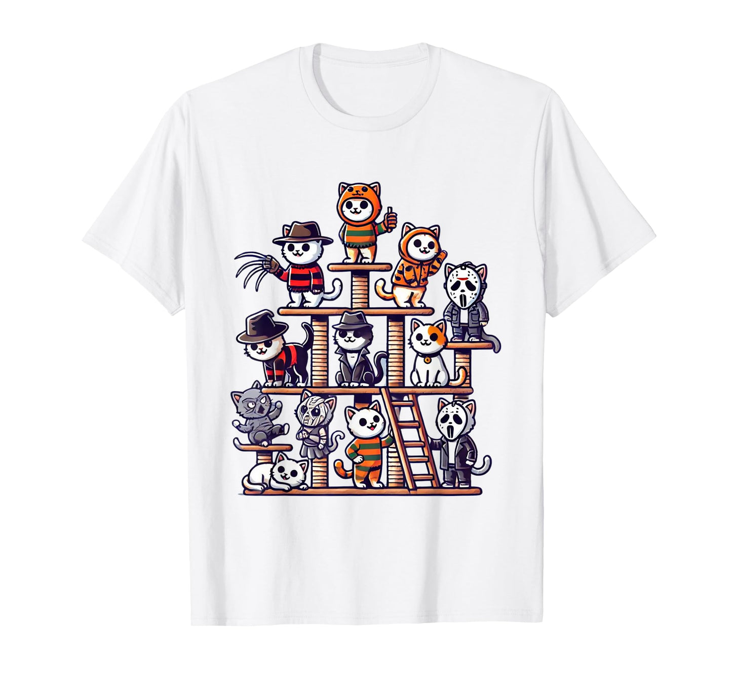 Funny Horror Movie Cats Playing On Cat Tree T-Shirt
