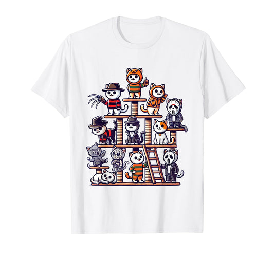 Funny Horror Movie Cats Playing On Cat Tree T-Shirt