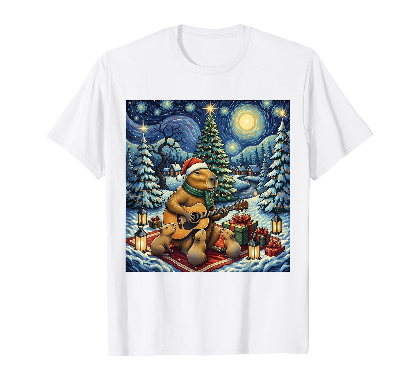 Capybara Playing The Guitar Van Gogh Style Christmas Themed T-Shirt