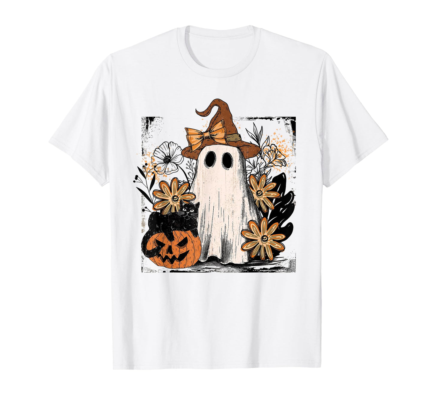 Retro Halloween Floral Ghost Witch Pumpkin & Black Cat T-Shirt