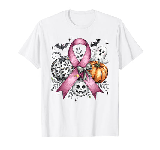 in October We Wear Pink Ghost Witch Breast Cancer Awareness T-Shirt