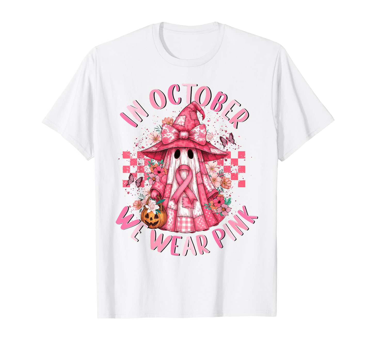 in October We Wear Pink Ghost Witch Breast Cancer Awareness T-Shirt