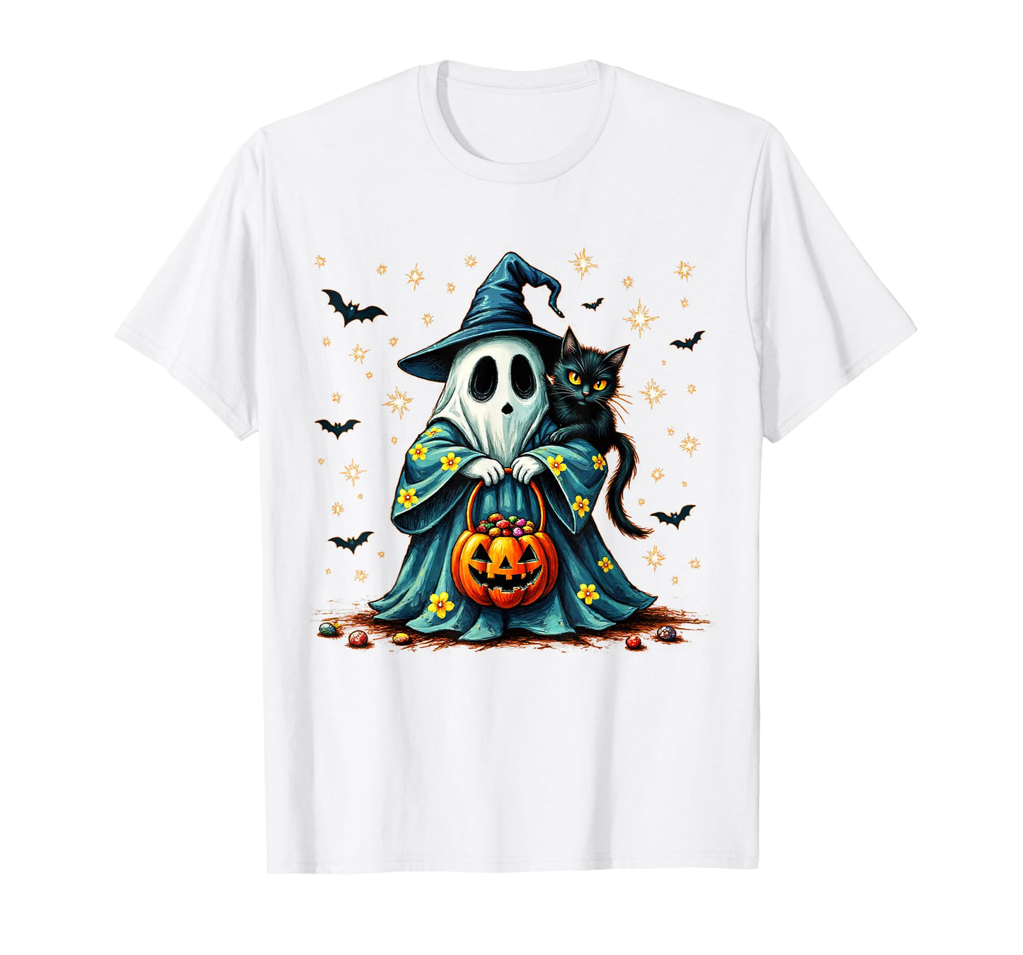 Halloween 2025 Ghost Holding Black Cat Groovy Floral Vintage T-Shirt