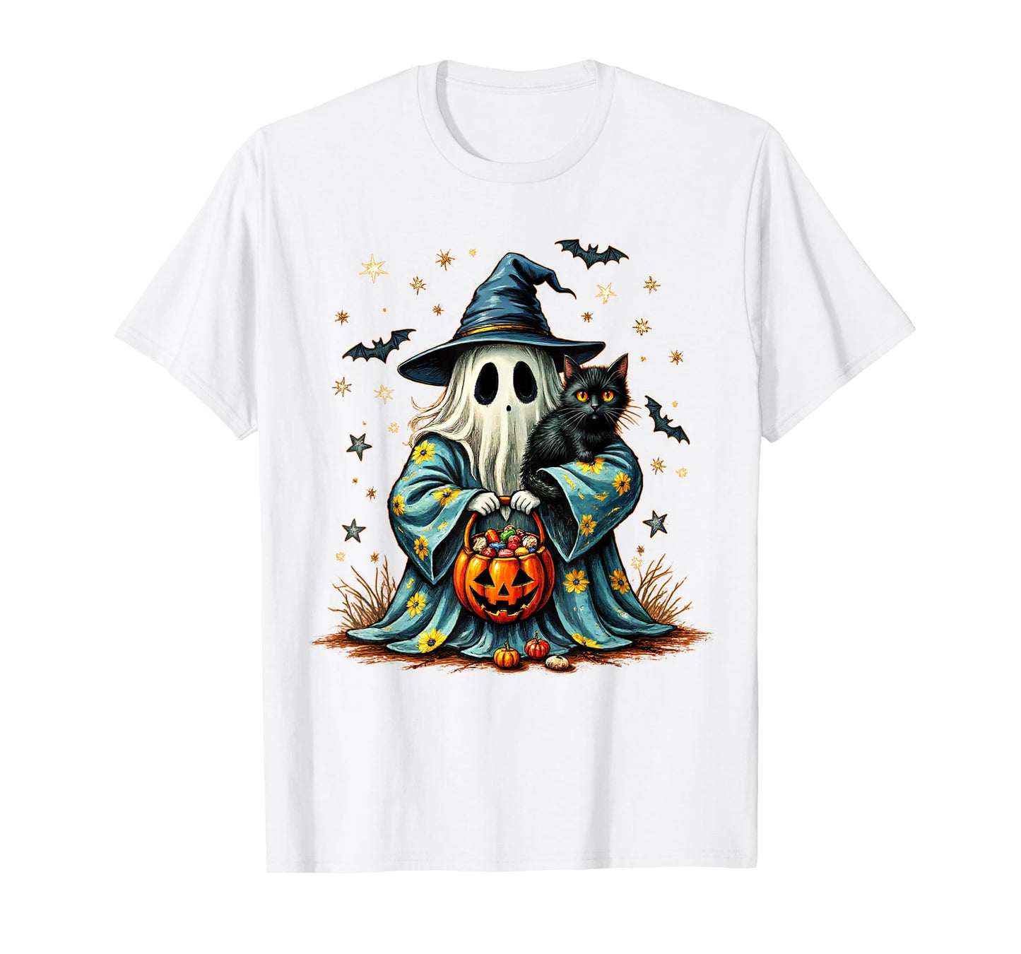 Halloween 2025 Ghost Holding Black Cat Groovy Floral Vintage T-Shirt