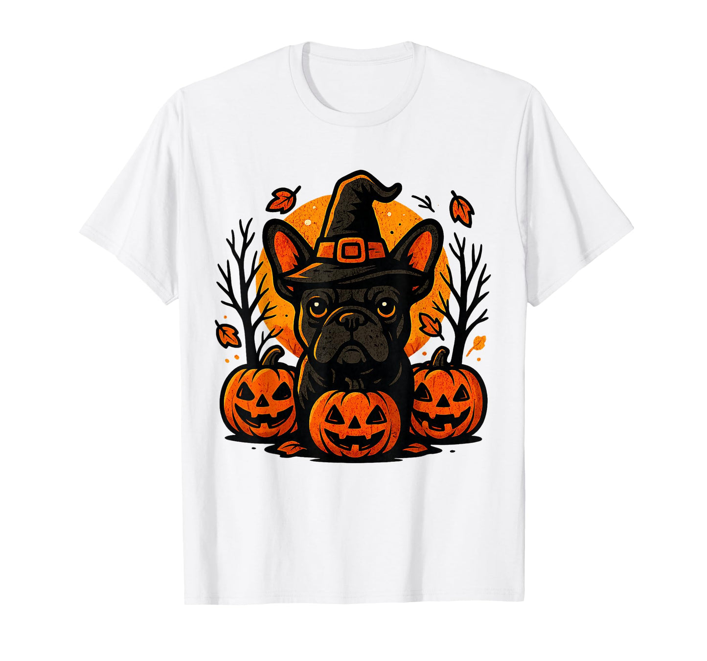 Halloween French Bulldog Witch Hat Pumpkins Autumn Leaves T-Shirt