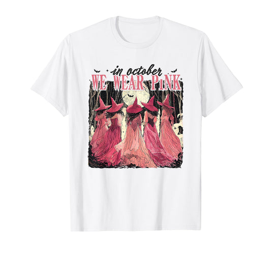 Retro in October We Wear Pink Witch Breast Cancer Awareness T-Shirt