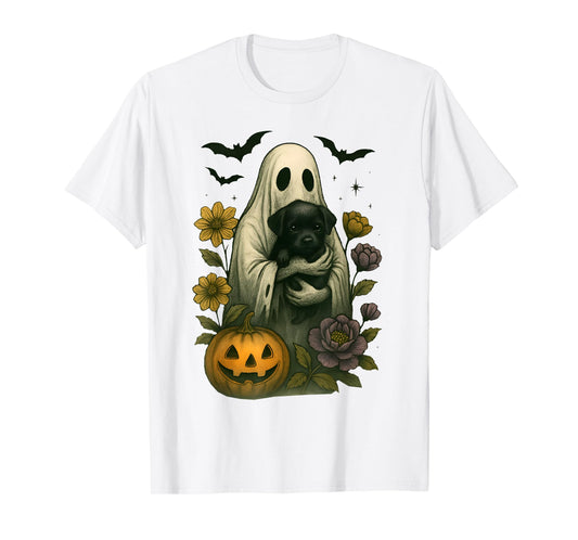 Floral Ghost Black Dog Coquette Funny Halloween Design T-Shirt