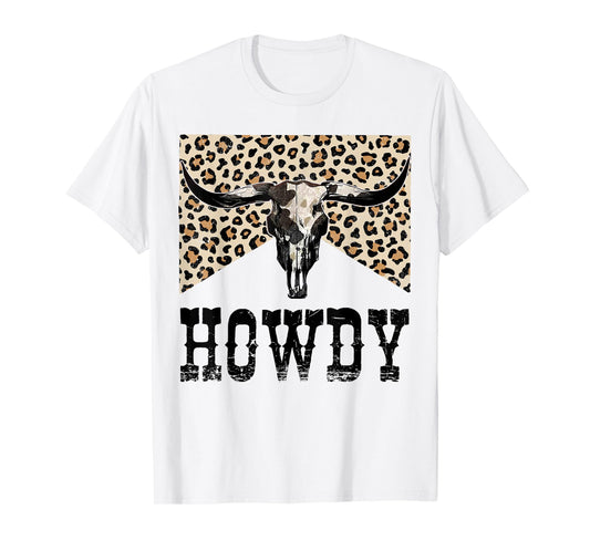 Retro Cow Skull Mens Women Howdy Western Cowboy Cowgirl T-Shirt