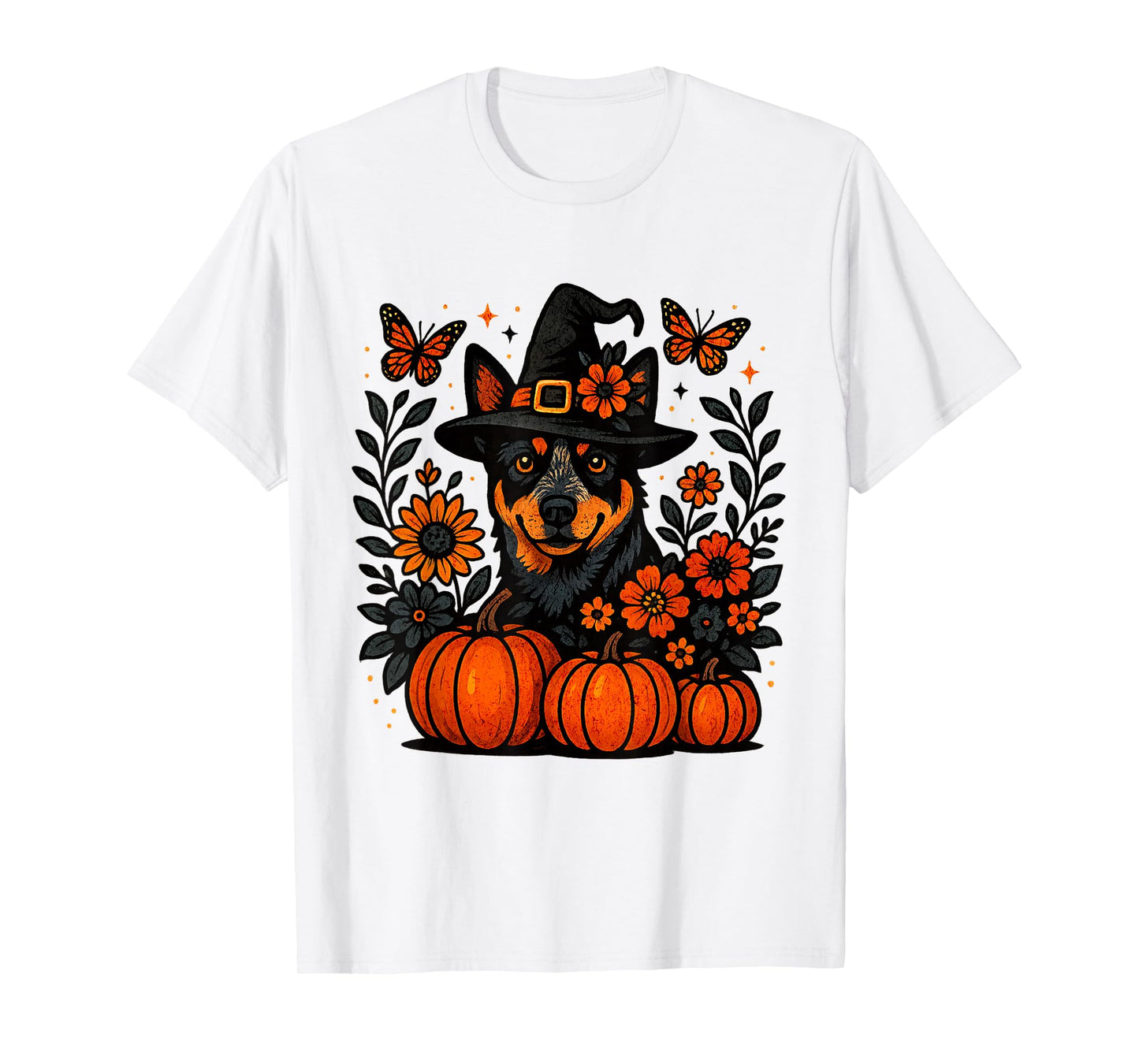 Halloween Blue Heeler Dog Witch Hat Pumpkins Autumn Flowers T-Shirt