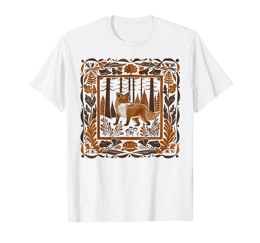 Forestcore Fox Linocut Print - Folklore and Nature Magic T-Shirt