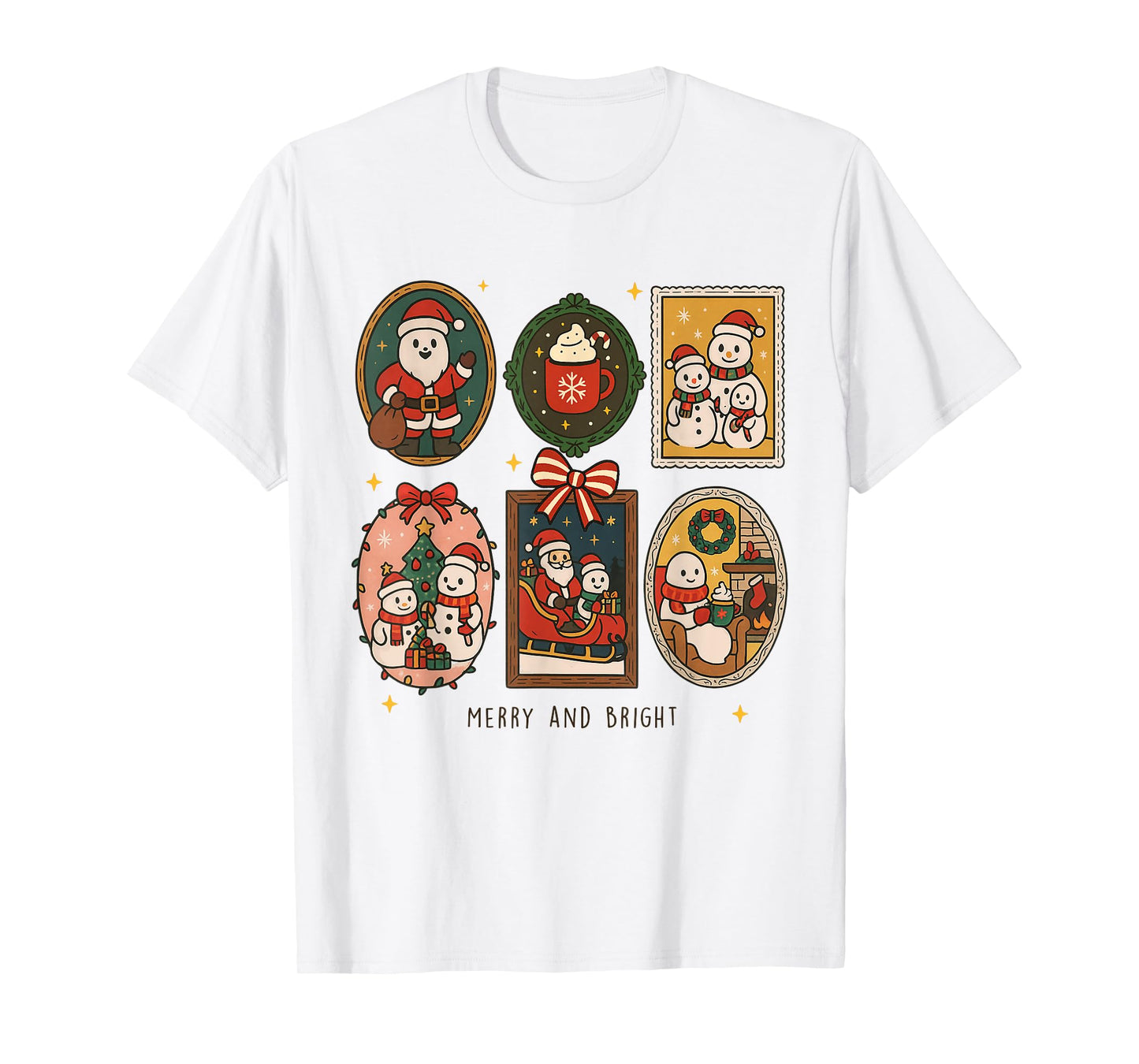 Retro Cute Merry and Bright Christmas Frame Funny Santa Xmas T-Shirt