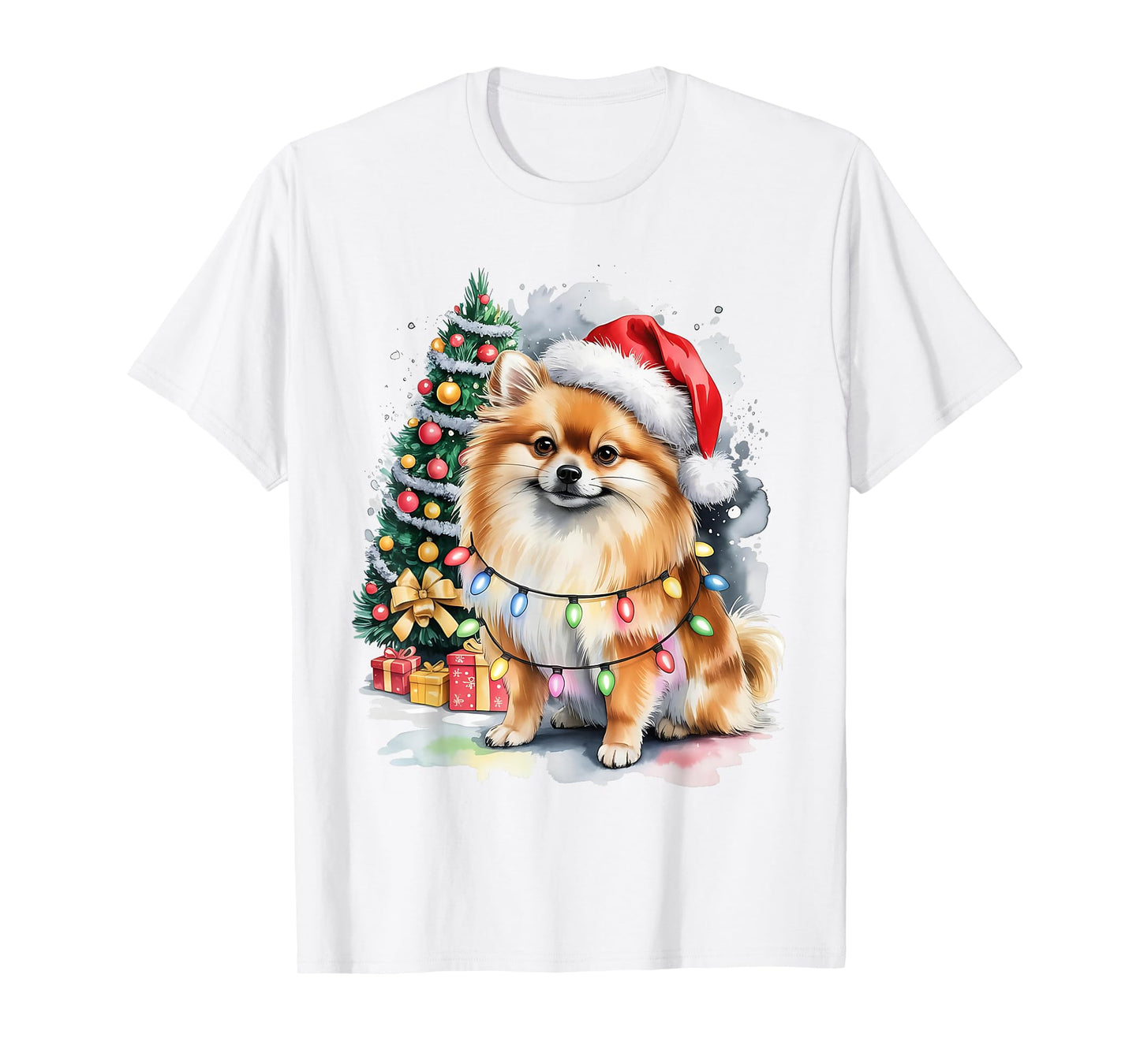 Funny Cute Santa Pomeranian Dog Tangled in Christmas Lights T-Shirt
