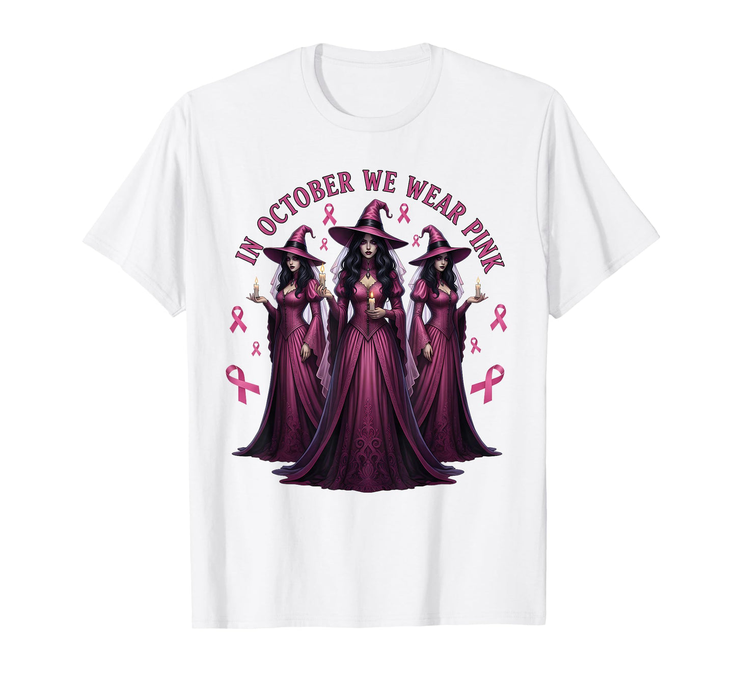 in October We Wear Pink Witch Breast Cancer Awareness Women T-Shirt