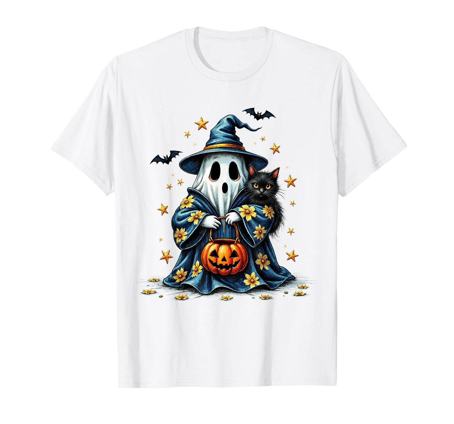 Ghost Holding Black Cat Lover Halloween 2025 Groovy Floral T-Shirt