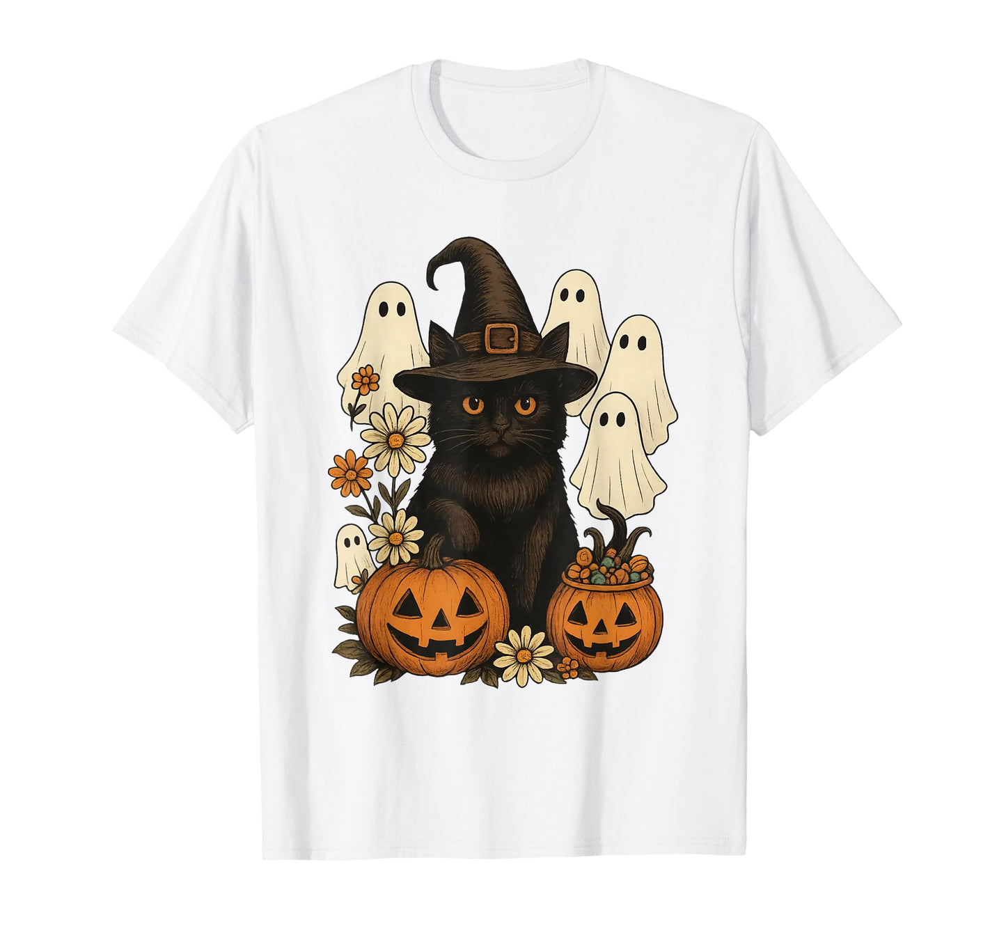 Retro Black Cat Witch Scary Halloween Pumpkin Women Men Kids T-Shirt