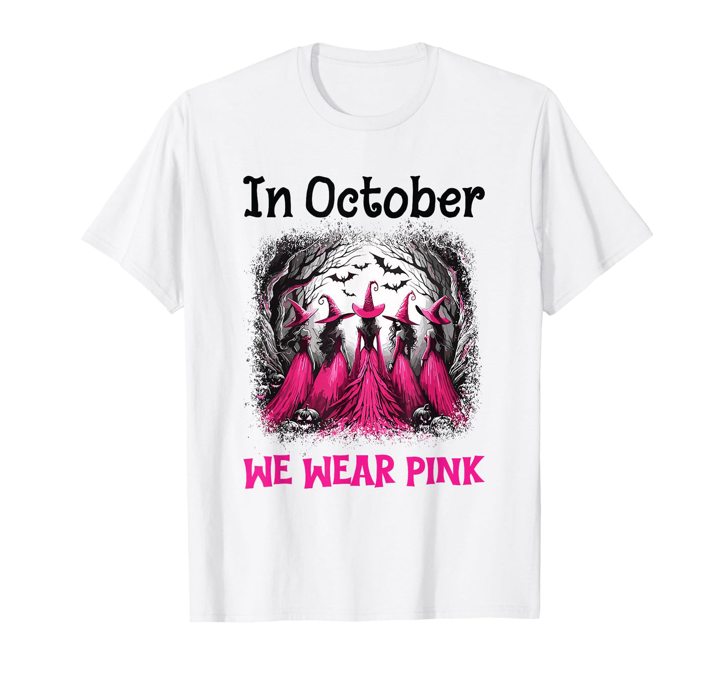 in October We Wear Pink Halloween Salem Witch Breast Cancer T-Shirt