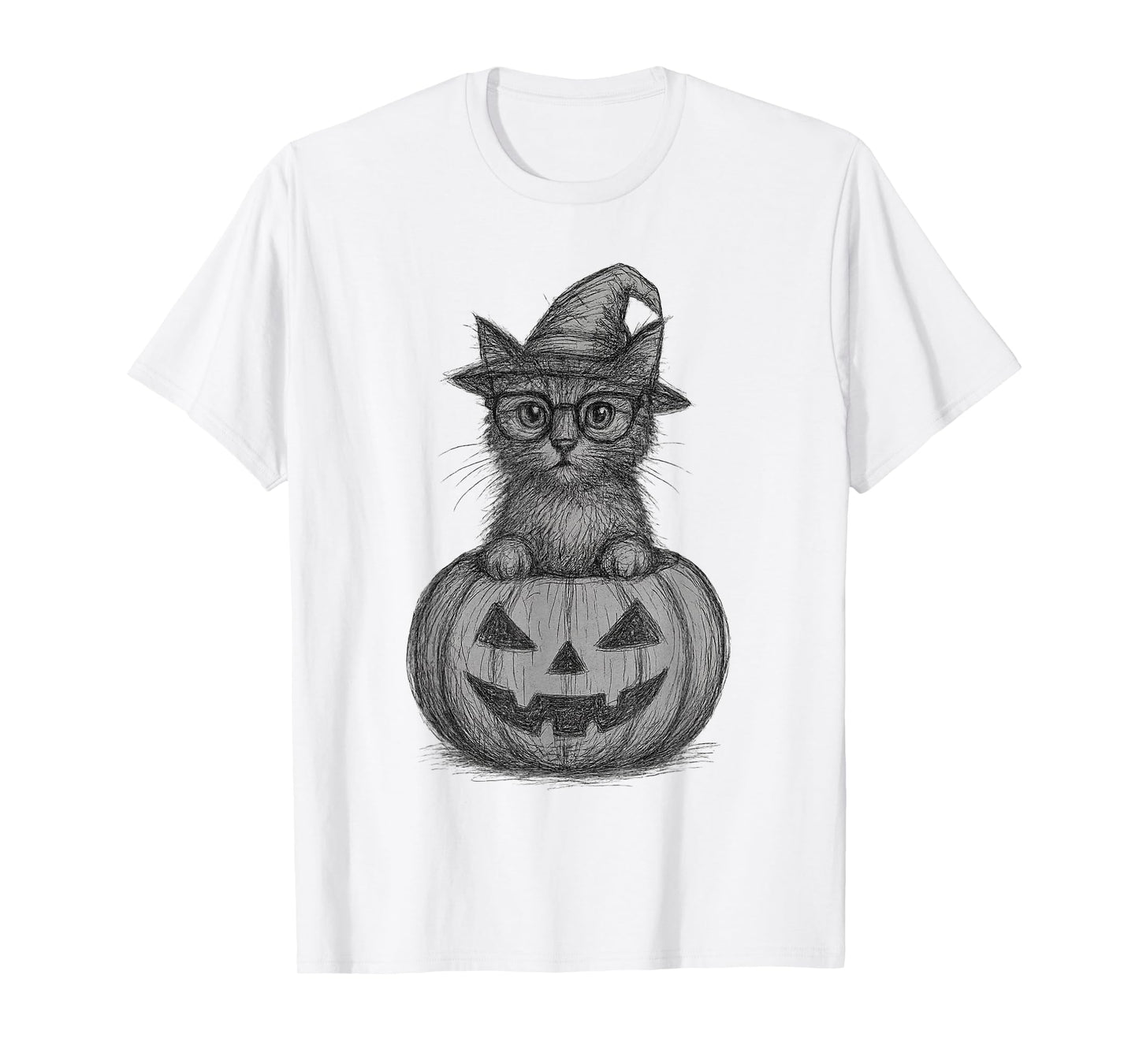 Abstract Scribble Halloween Cat in Pumpkin Witch Hat T-Shirt