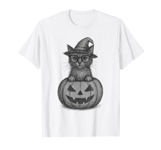 Abstract Scribble Halloween Cat in Pumpkin Witch Hat T-Shirt